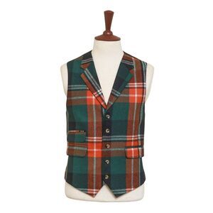 Mens Vest 44R Plaid Green Orange Wool Lapel Waistcoat Formal Wedding Groom Party